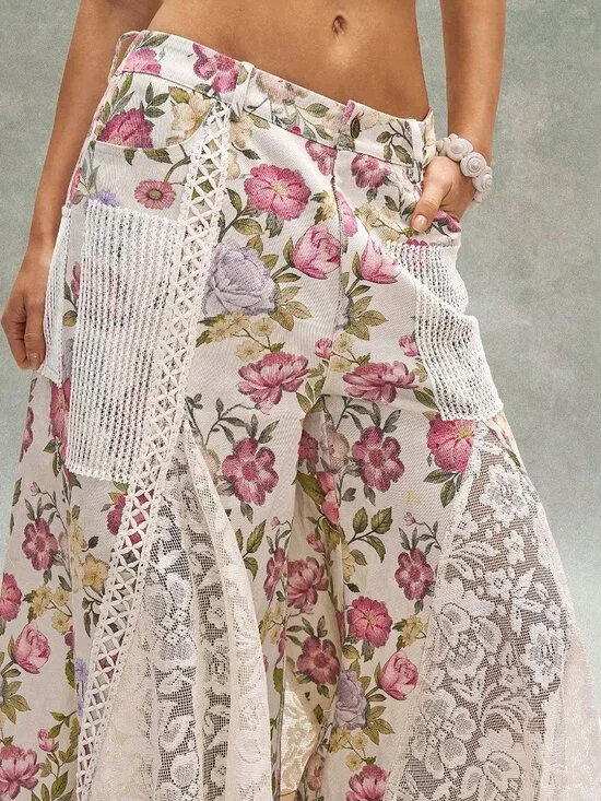 Khaki Boho Women's Casual Ditsy Floral Lace Loose Wide-Leg Low-Waist Pants - Picture 7 of 8